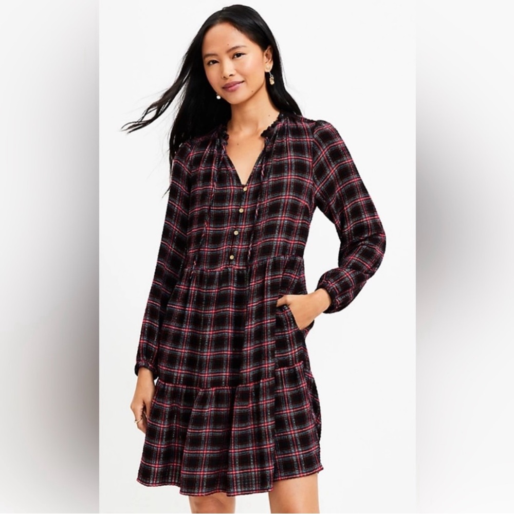 Loft plaid metallic plaid dress